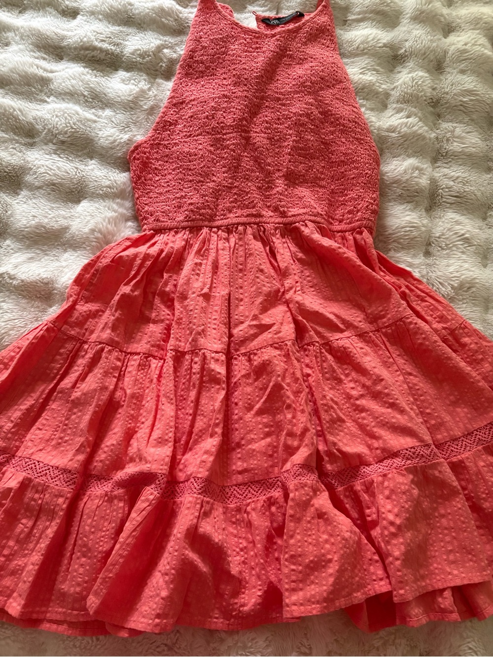 Zara Coral Textured Halter Tiered Dress